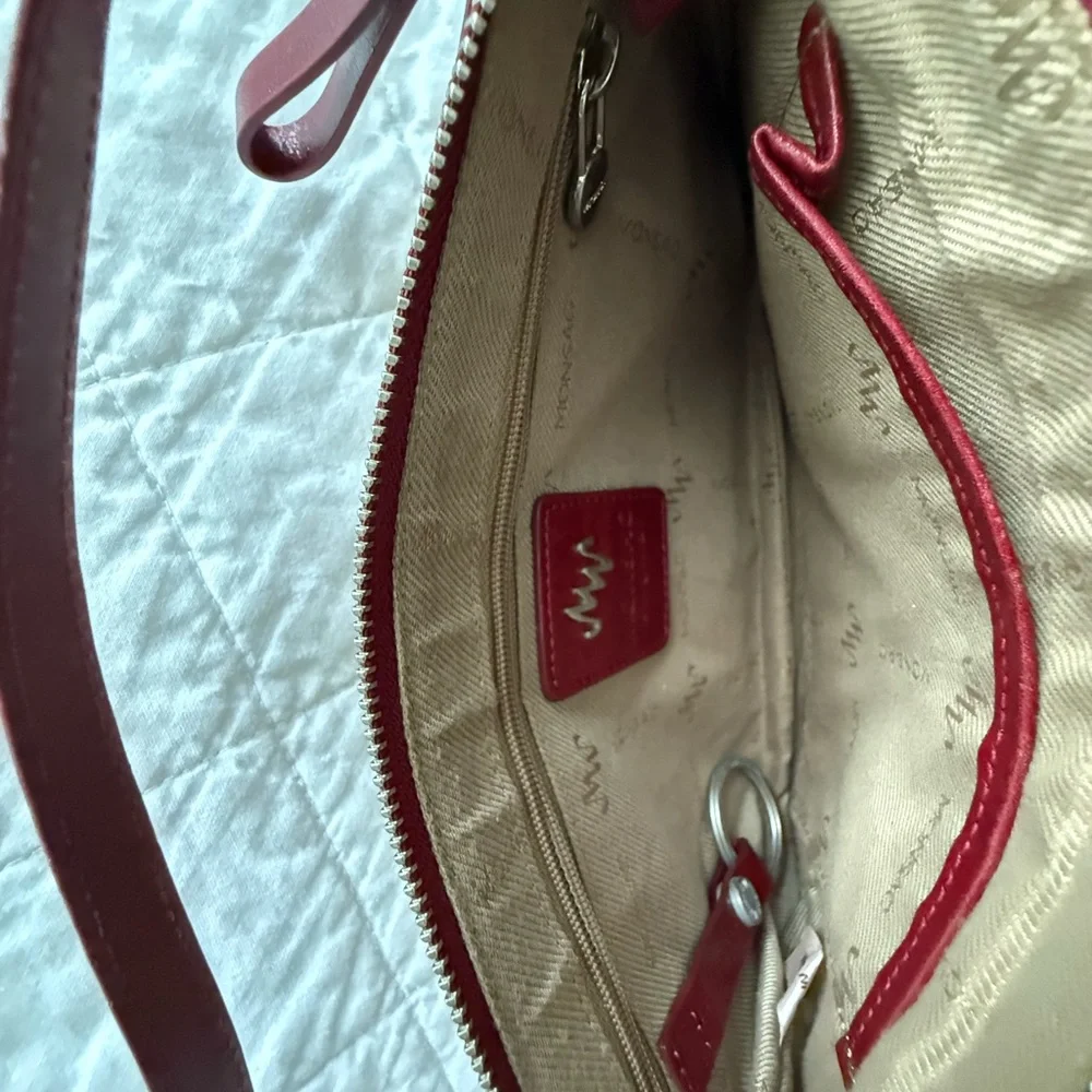 Monsac Red Leather and Cream Shoulder Bag